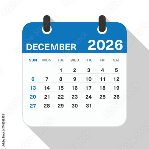 Monthly Calendar for December 2026. Blue Theme on White Background