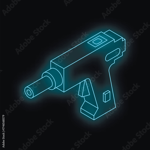 Neon blue isometric drawing of an electric hot glue gun emitting light on dark background