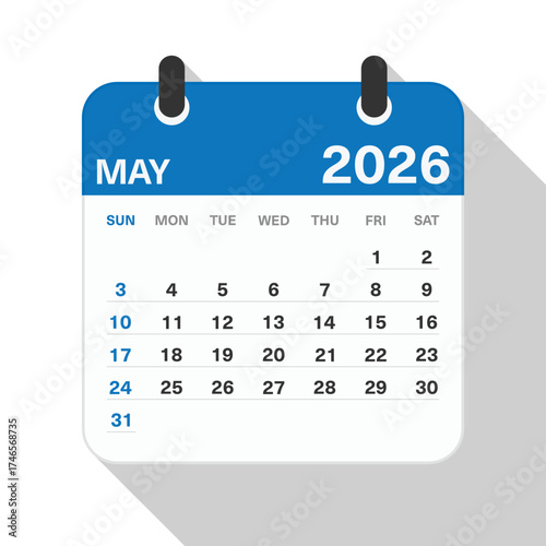 Monthly Calendar for May 2026. Blue Theme on White Background