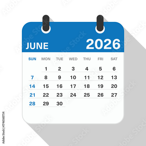 Monthly Calendar for June 2026. Blue Theme on White Background