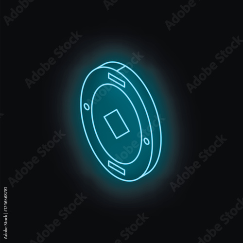 Glowing blue neon chinese coin rotating on black background, representing wealth, prosperity, and luck in asian culture