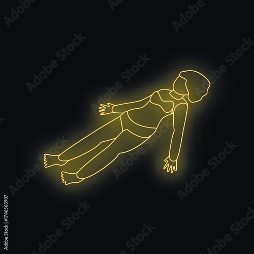 Neon sign depicting a woman floating in a bikini, with arms and legs outstretched, against a black background