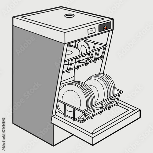 Dishwasher appliance with clean dishes inside for kitchen cleaning and household chores automation concept