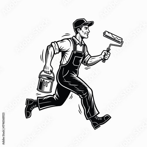 Painter running with paint bucket and roller vector