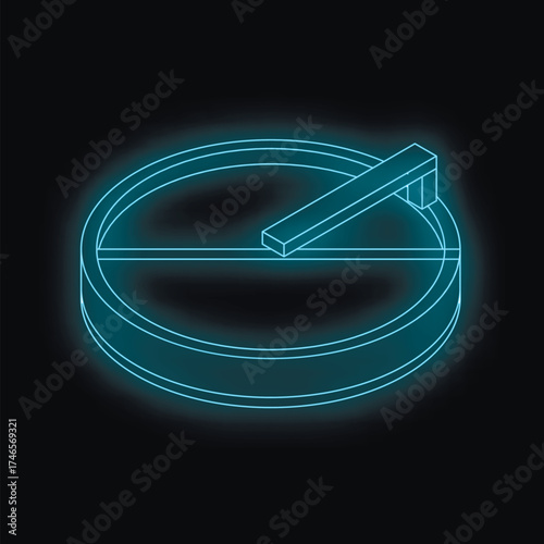 Hockey puck balancing on a stick with neon blue glowing contour on a dark background, representing sport, competition, and winter games