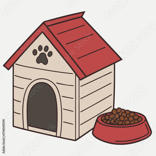 Cartoon dog house with a red roof and a bowl of dog food sitting next to it in a simple cheerful illustration style