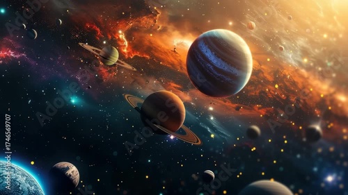 Planets in solar system, bright stars glow in beautiful atmosphere