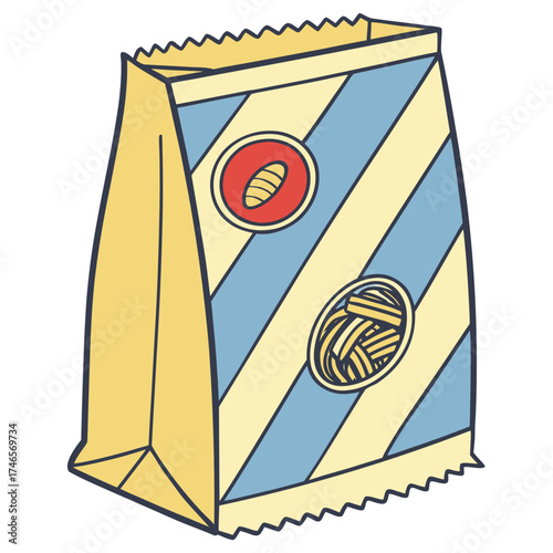 Cartoon pasta bag with blue and yellow stripes and pasta icons for grocery shopping and food packaging design projects is ready to eat