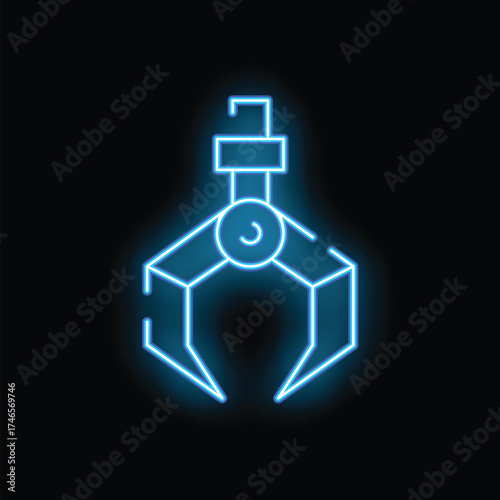 Blue glowing neon line industrial robotic arm manipulator icon isolated on black background vector illustration
