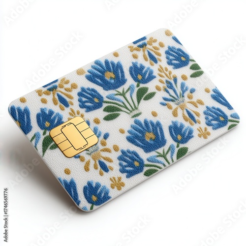 A credit card with a decorative blue floral pattern and an embedded chip