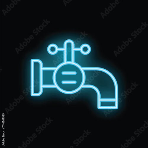 Blue neon water tap glowing on black wall
