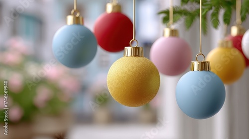 Colorful Christmas ornaments hang delicately with a soft focus background