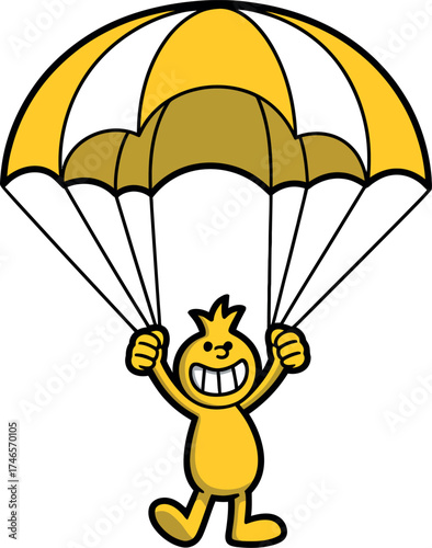 Vector art of a happy yellow cartoon character parachuting