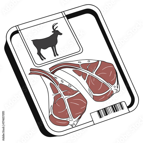 Freshly packaged lamb chops with a deer silhouette and barcode ready for market display