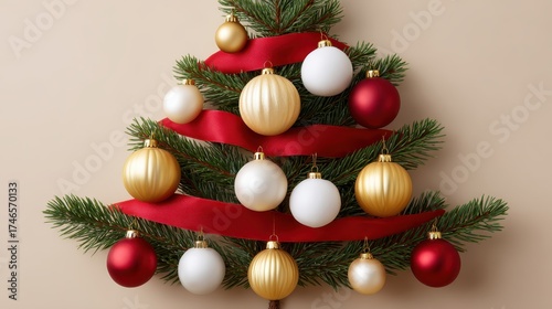 Festive Christmas tree branches adorned with red ribbon and colorful baubles
