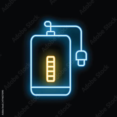 Glowing neon line power bank with different charge cable icon isolated on black background. Portable charging device. Vector