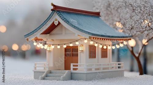 Miniature Japanese shrine decorated with festive lights in a snowy winter scene