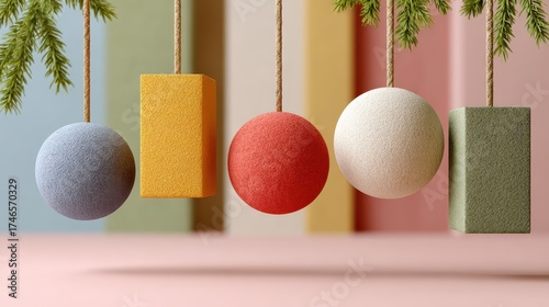 Minimalist geometric shapes hanging as deco on a pastel background