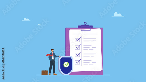Businessman agent with shield and checklist clipboard. Insurance shield protection, support or guarding coverage policy, advantage checklist or contract document, threat or assurance guarantee.