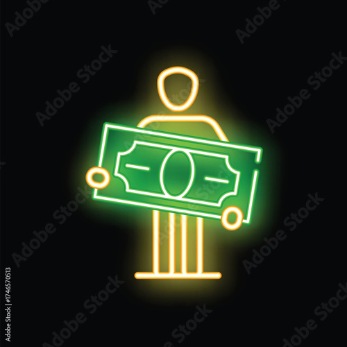 Neon sign of a businessman holding a banknote, symbolizing wealth, success, and financial prosperity