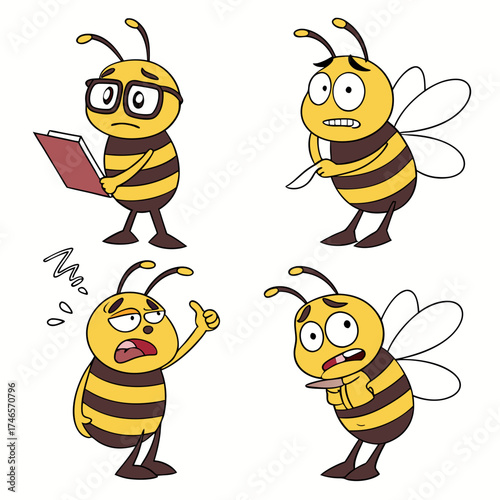 Collection of adorable cartoon bees expressing various emotions like confusion, worry, and exasperation, perfect for educational or fun projects.