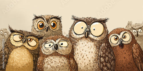 Group of cartoon owls with silly faces, showcasing various expressions and colors, creating fun and whimsical atmosphere