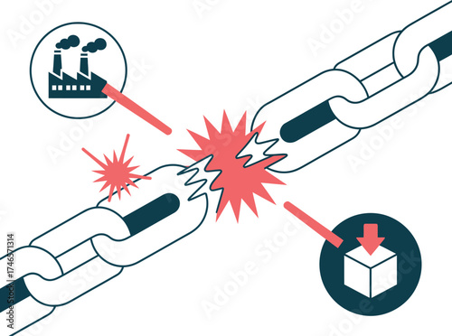 Vector art of broken chain with factory and package icons representing supply chain disruption