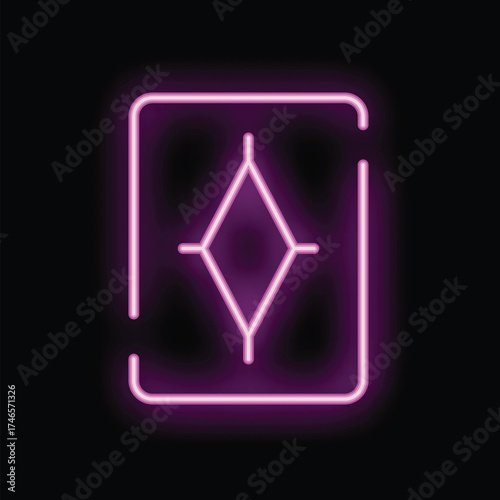Glowing neon pink playing card symbol with a diamond in the center on a black background