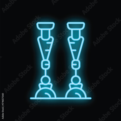 Blue glowing neon icon of prosthetic limbs, representing support and mobility for amputees