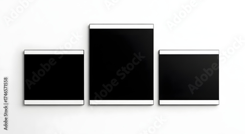 Three blank black podiums isolated on white background, representing first, second, and third place in a competition or achievement
