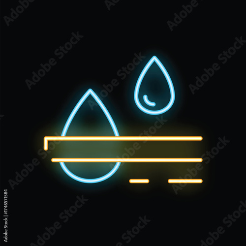 Glowing neon icon of waterproof fabric material protecting from water drops