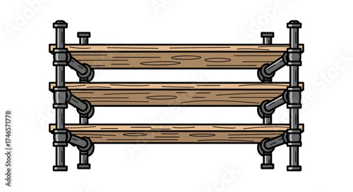 shelving unit with metal pipes and wooden planks