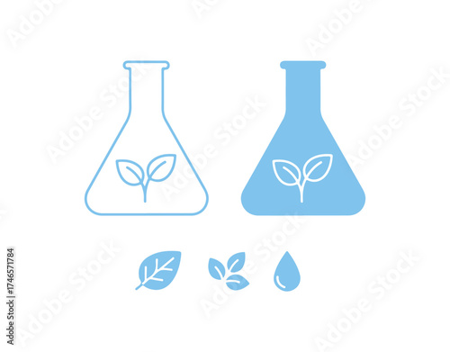 Flask featuring Leaf Line and Silhouette Icon Set. Biology Research Experiment. Tools for Collecting Chemical Symbols on a White Background. Organic Scientific Lab. Isolated Vector Illustration.