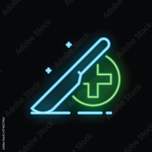 Neon scalpel glowing with green medical cross sign representing surgery and medical treatment