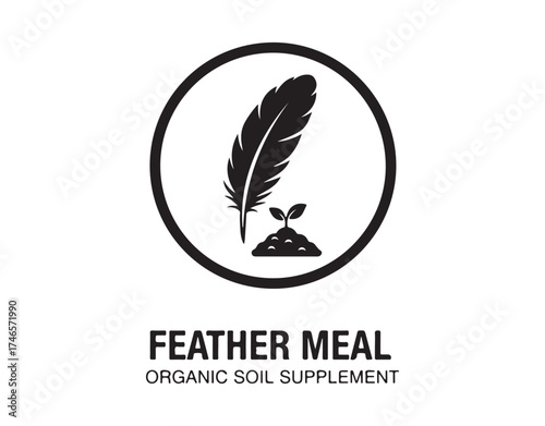 Feather meal represented as a black glyph icon. It's an organic supplement for soil and plants. This poultry byproduct is used to feed plants. A natural additive. It's a silhouette symbol on a white.