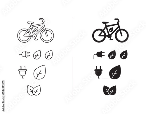 Electric Power Ecology Bicycle with Plug and Leaf Line and Silhouette Icon Set.
Eco-Friendly City Transport.
Collection of Green Energy Bike Symbols.
Isolated Vector Illustration.