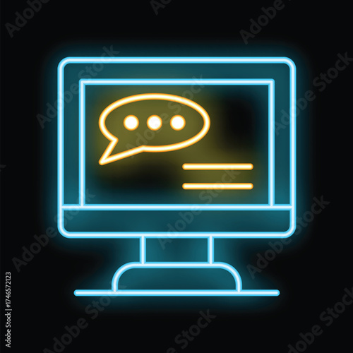 Neon computer monitor displaying a chat bubble icon, symbolizing online communication and digital messaging