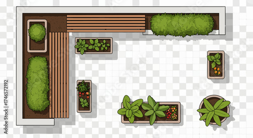 Modern rooftop garden design with wooden benches and lush green plants, Top View