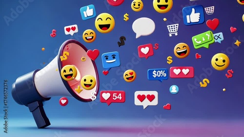 Wallpaper Mural Dynamic megaphone unleashing colorful social media icons across blue gradient background Torontodigital.ca