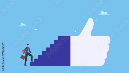 Businessman begin to walk up stair to thumb up. Success steps to reach work achievement, stair or ladder of success, self improvement or career development, step to succeed and reach goal.