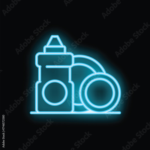 Glowing neon sign of a bottle of dish soap and plates representing the concept of washing dishes