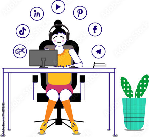 Flat illustration of a woman working at desk with laptop and social media icons around her