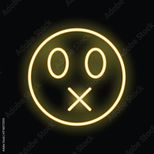 Neon sign showing an emoji with its mouth shut, symbolizing a need for silence or secrecy