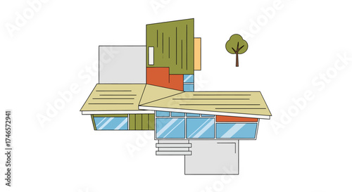 A modern house with a flat roof and large windows surrounded by a tree on a white background
