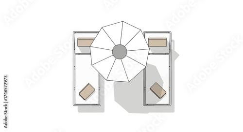 Aerial view of two lounge chairs with cushions and a central umbrella on a white background