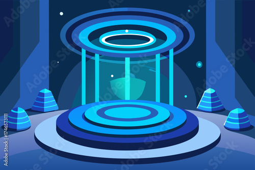 futuristic teleportation chamber with vertical 