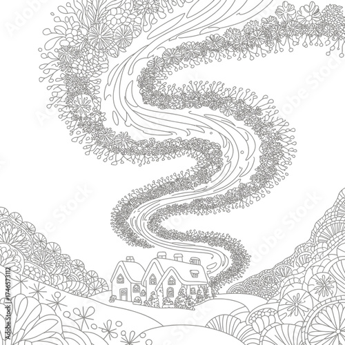 Whimsical line art vector illustration of a cozy village with swirling smoke trails silhouette vector illustration white background