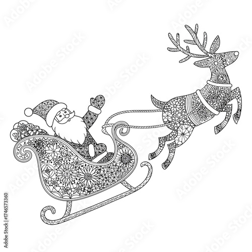 Scalable vector line art illustration of santa claus in sleigh pulled by reindeer eps icon silhouette vector illustration white background