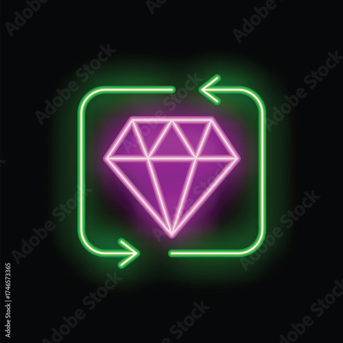 Neon sign representing the concept of exchanging diamonds with two green arrows forming a square around a pink diamond