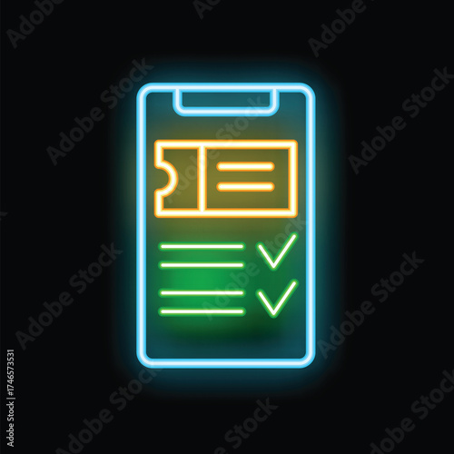 Neon icon of clipboard with checklist and movie ticket representing cinema industry